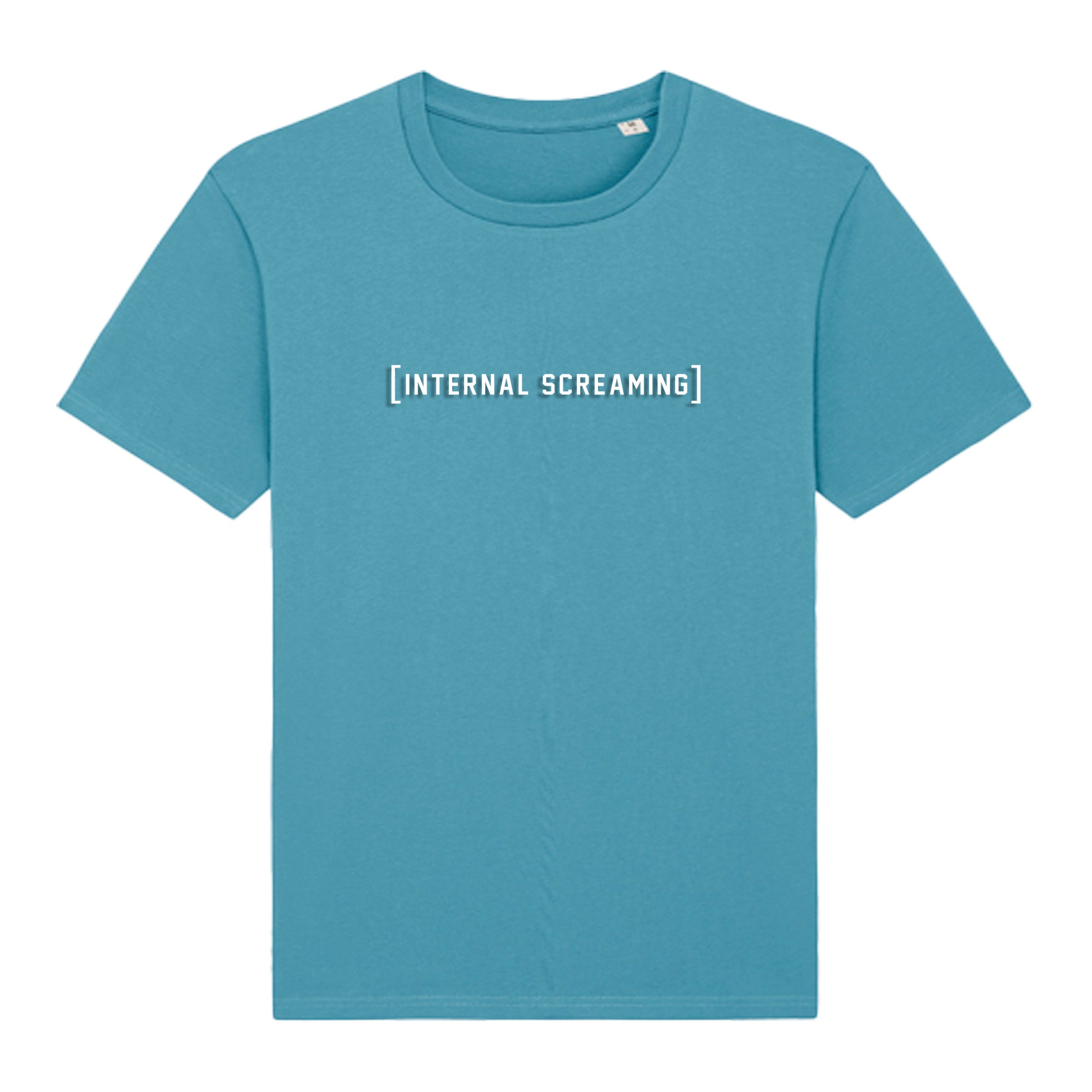Blue t-shirt with 'INTERNAL SCREAMING' text on a white background