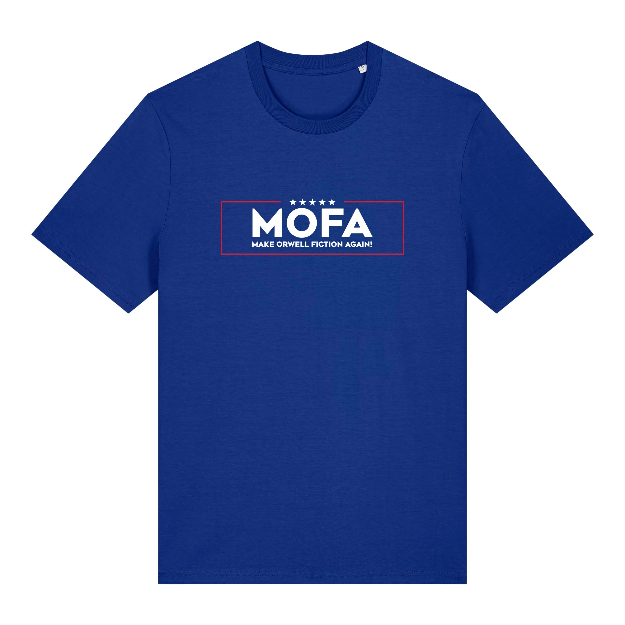 Blue t-shirt with 'MOFA' logo on a white background