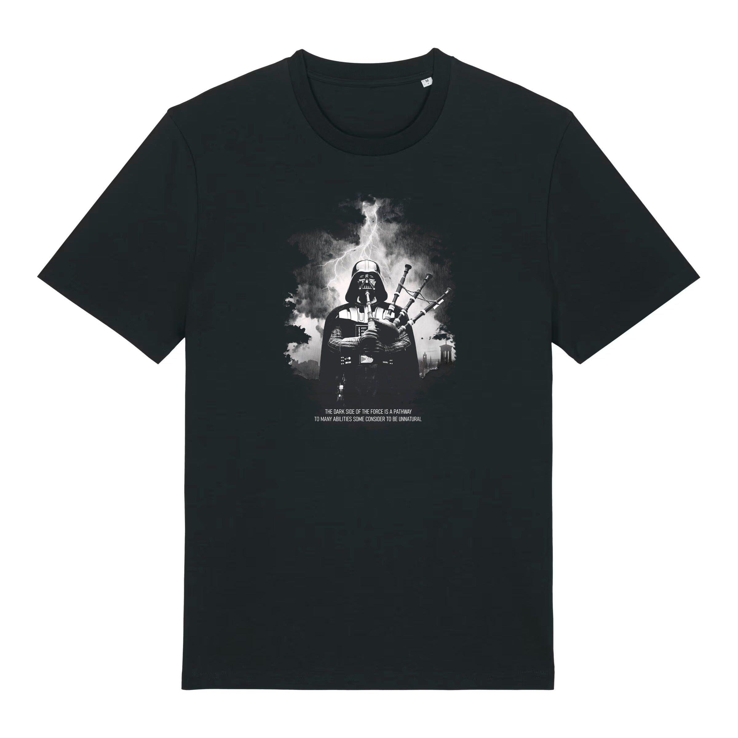 Black t-shirt with a graphic design on a white background