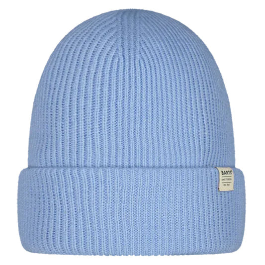 Light blue knit beanie with a brand label on a white background
