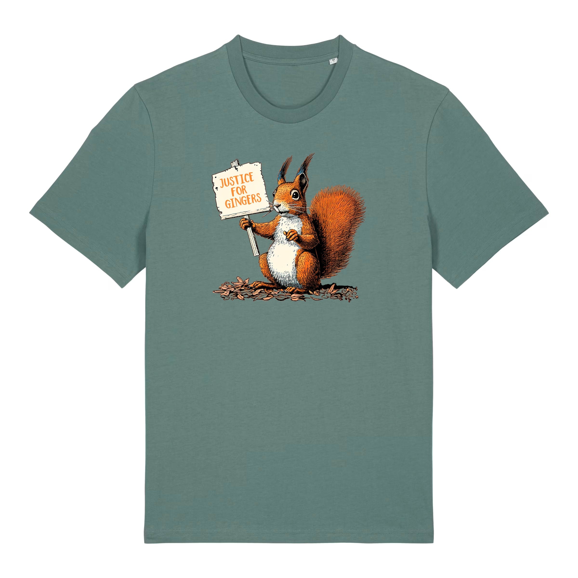 Green t-shirt with a squirrel holding a sign on a white background