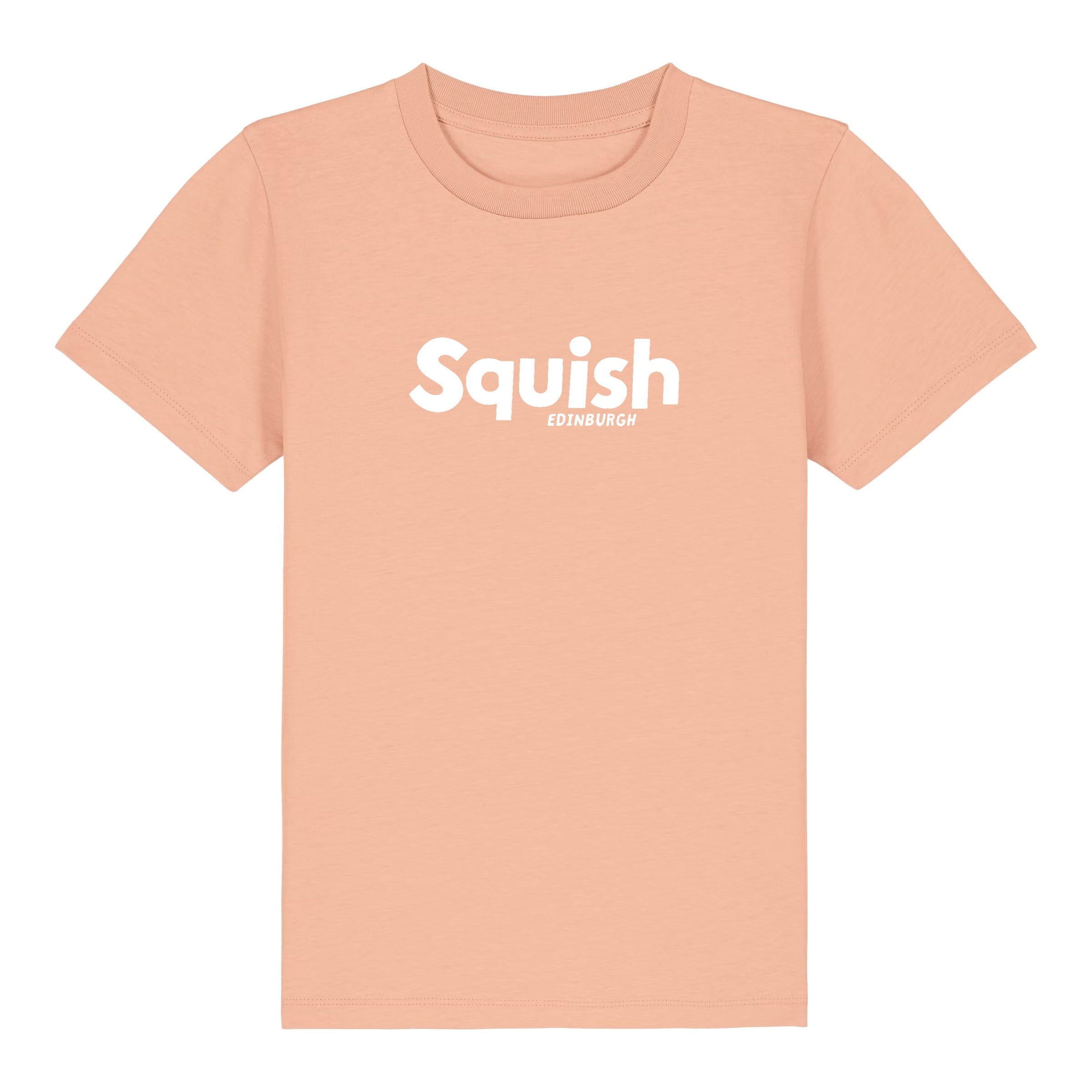 Beige t-shirt with 'Squish' logo on a white background